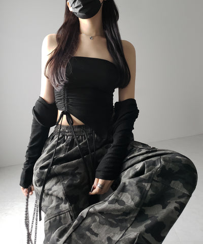 【 ２点セット 】シャーリングリボンベアトップス ＆ ショートカーディガン SET ／ shirring ribbon bare tops & short cardigan SET