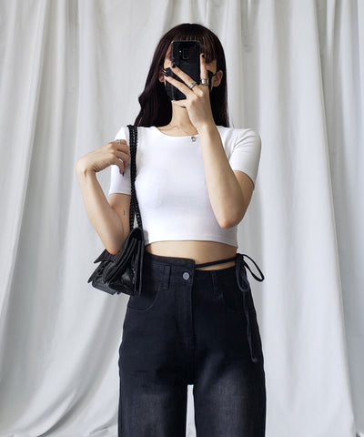 【 ４color 】カットアウトサイドリボンウォッシュストレートデニム