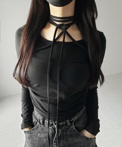 【 ３color 】クロスストラップロングチョーカーリボントップス ／ cross strap long choker ribbon tops