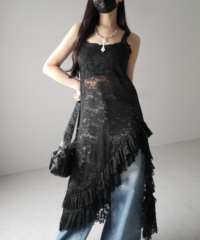 【 ２color 】アシンメトリーフリルレイヤードレースキャミワンピース ／ asymmetry frill layered lace cami onepiece