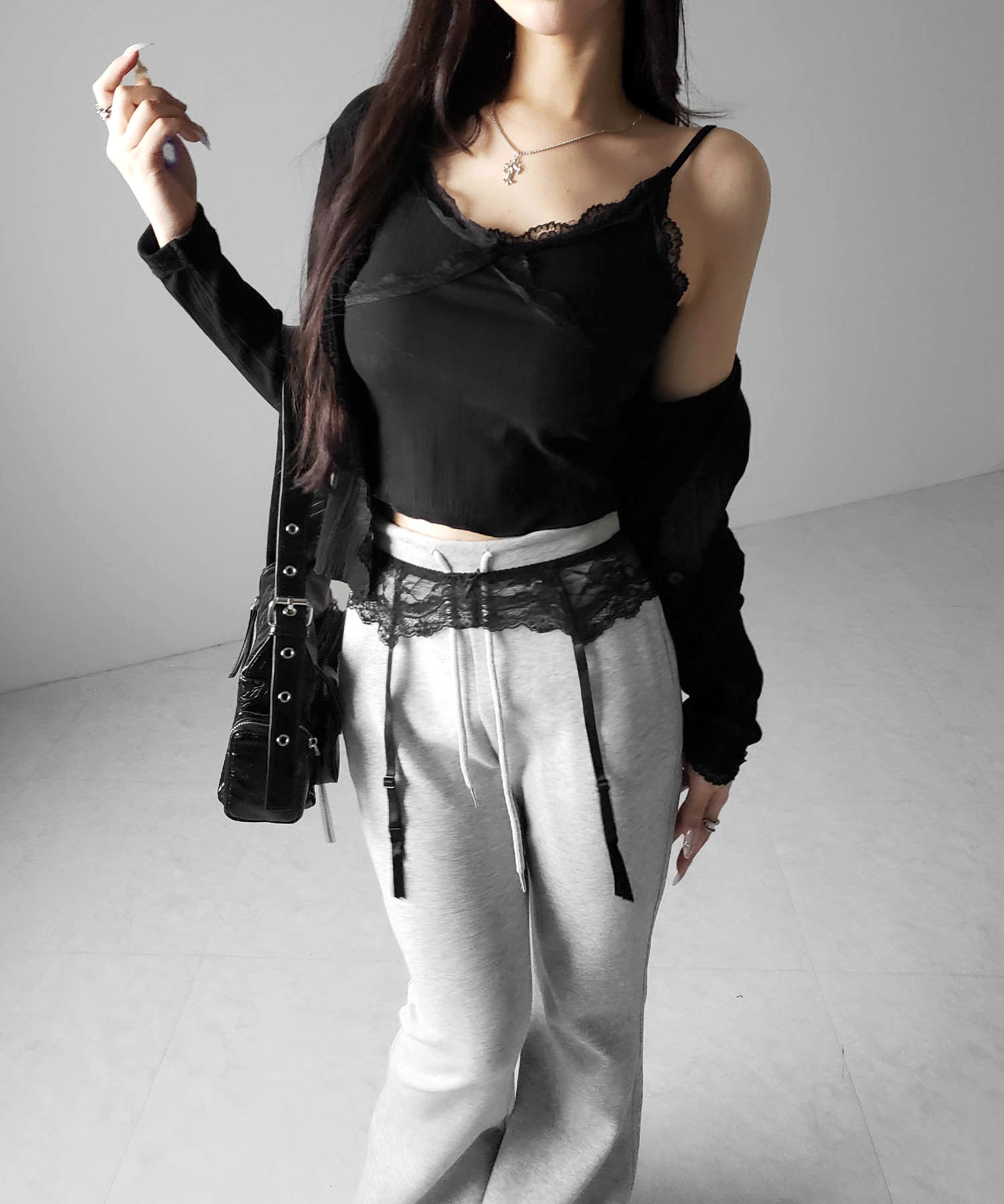 【 ２点セット 】レースドッキングリブキャミソール ＋ カーディガンセット ／ lace docking lib camisole + cardigan SET