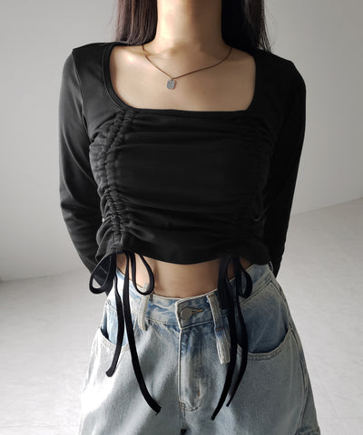 【 ３color 】 ダブルシャーリングリボンスクエアネックトップス ／ double shirring ribbon square neck tops