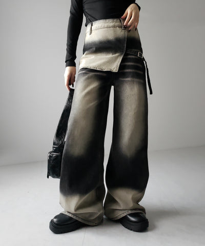 【 ２color ／４size 】ラップレイヤードバイカラーブリーチワイドデニム ／ wrap layered bicolor bleach wide denim