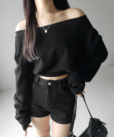 【 2color 】オフショルダーショートスウェットライクトップス ／ off shoulder short sweat like tops