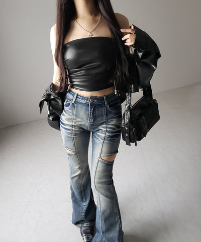 【 ２color 】サイドタックフェイクレザーショートベアトップ ／ side tuck fake leather short bare tops