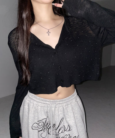 ラインストーンシアーニットカーディガン ／ Rhine stone sheer knit cardigan