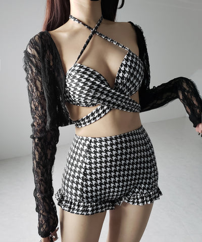 【 レディース水着／２点セット 】千鳥格子柄クロスウエストリボンハイウエストビキニ ／ houndstooth pattern cross waist ribbon high waist bikini