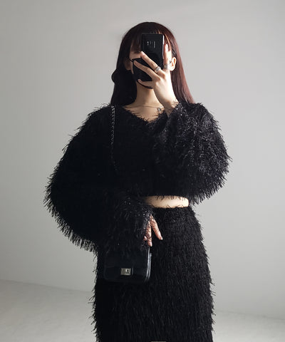 【 セットアップ可能 】シャギーフリンジショートカーディガン ／shaggy fringe short cardigan