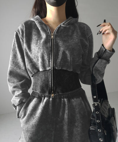 【 セットアップ 】ピグメントヴィンテージショートパーカー ＋ ワイドパンツ SET ／ pigment vintage short hoodie + wide pants SET