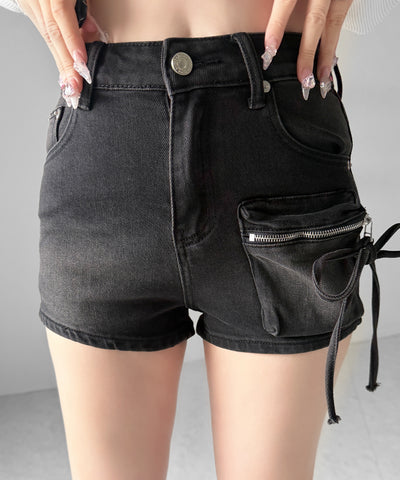 リボンストリングカーゴポケットデニムショートパンツ／ribbon string cargo pocket denim short pants