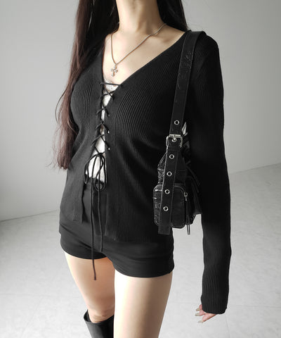 【 ３color 】レースアップリボンリブニットカーディガン ／ lace up ribbon rib knit cardigan