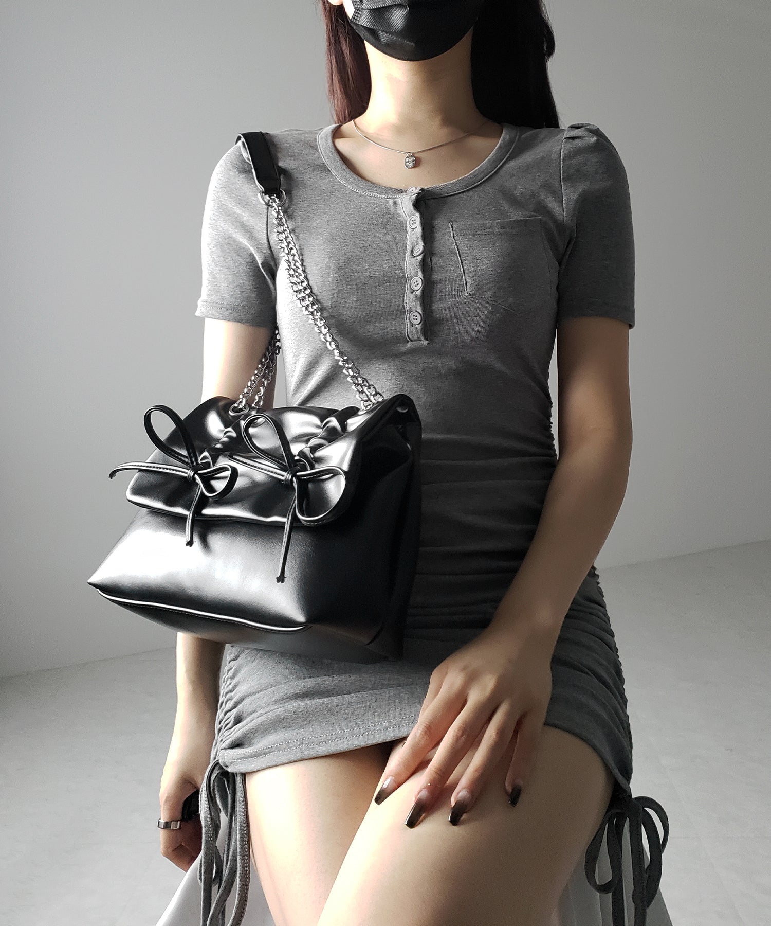 【 ３color 】ダブルリボンフェイクレザーチェーンショルダーバッグ ／ double ribbon fake leather chain shoulder bag