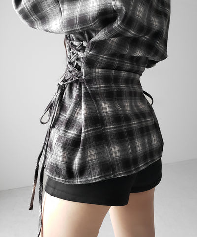 レースアップリボンスリムラインチェックネルシャツ ／ lace up ribbon slim line check flannel shirt