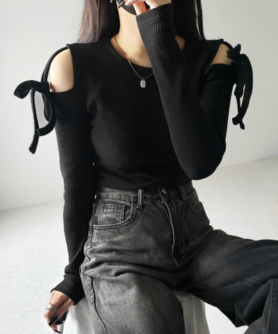 【 ３color 】カットアウトショルダーリボンリブトップス ／ Cut-out shoulder ribbon rib tops
