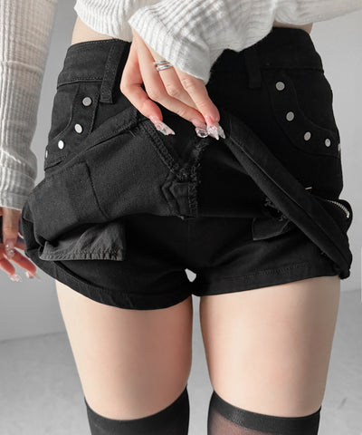 スタッズジップデザインストレッチデニムミニスカパン／ studs zip design stretch denim mini skirt pants