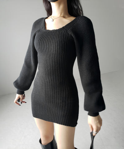 【 ２color 】スクエアネックリブニットミニワンピース ／ square neck rib knit mini one piece