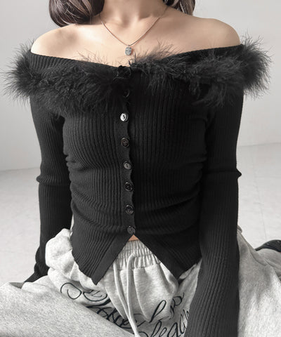 フェザーファー襟オフショルリブニットトップス ／feather fur collar off shoulder rib knit tops