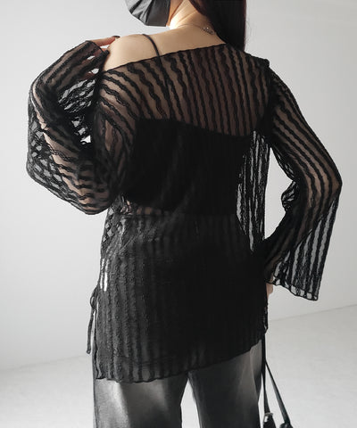 【 ２WAY 】ワンショルワイドスリーブルーズシアートップス ／ one shoulder wide sleeve loose sheer tops