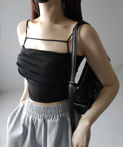 【 カップ付き／２WAY 】ラインストラップタックショートキャミソール ／ line strap tuck short camisole