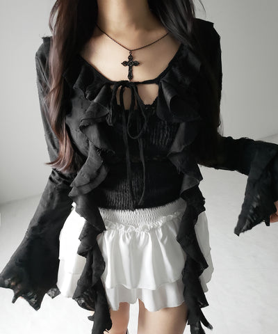 【 ２color 】ダメージフリルショートリボンカーディガン ／ damage frill short ribbon cardigan