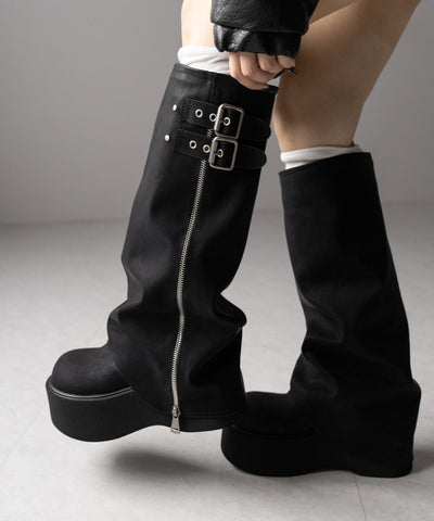 【 ２color 】ベルテッドヴィンテージ厚底カバーロングブーツ ／belted vintage platform cover long boots
