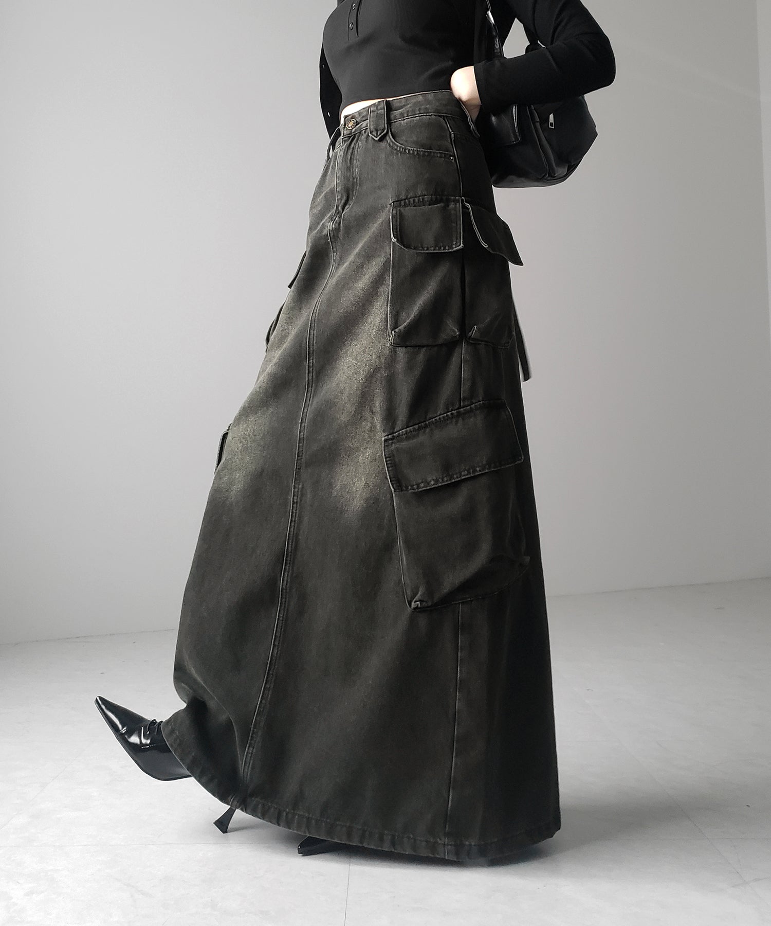 【 ３size ／ ２color 】６ポケットヴィンテージロングカーゴデニムスカート ／ 6 pocket vintage long cargo denim skirt