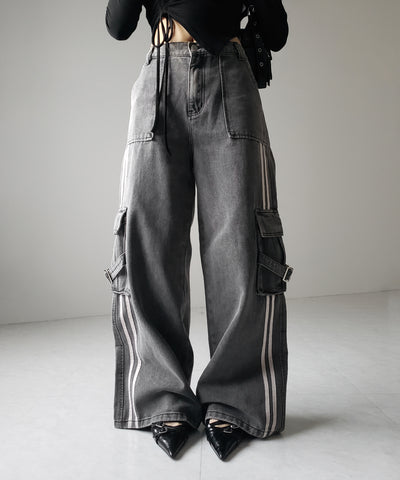 【 ２color ／ ４size 】サイドラインストレートカーゴデニムパンツ ／ sideline straight cargo denim pants
