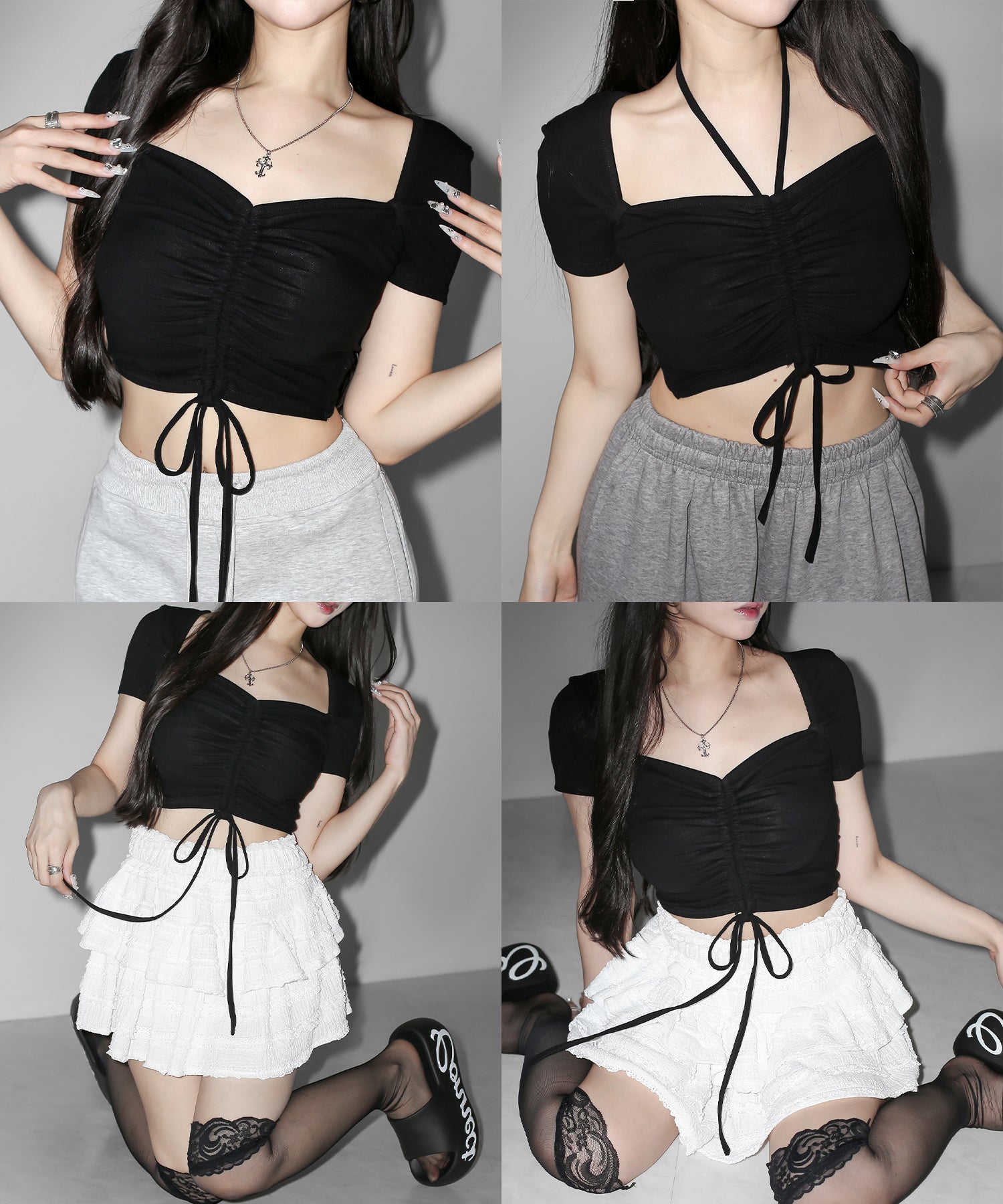 【クロスネックにできる2WAY 】フロントシャーリングリボン半袖ショートＴシャツ ／2WAY front shirring ribbon short sleeve short T-shirt