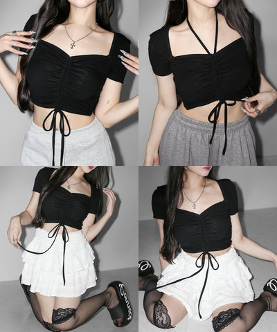 【クロスネックにできる2WAY 】フロントシャーリングリボン半袖ショートＴシャツ ／2WAY front shirring ribbon short sleeve short T-shirt