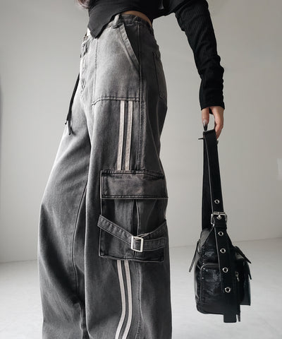 【 ２color ／ ４size 】サイドラインストレートカーゴデニムパンツ ／ sideline straight cargo denim pants