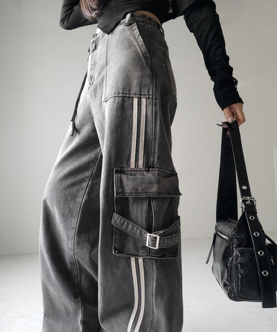 【 ２color ／ ４size 】サイドラインストレートカーゴデニムパンツ ／ sideline straight cargo denim pants