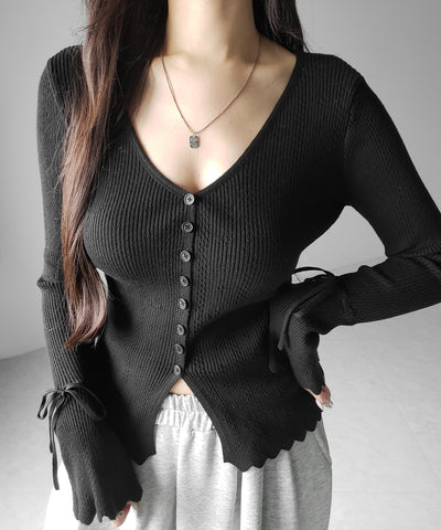 フレアリボンスリーブ透かし編みニットカーディガン ／ flare ribbon sleeve openwork knit cardigan