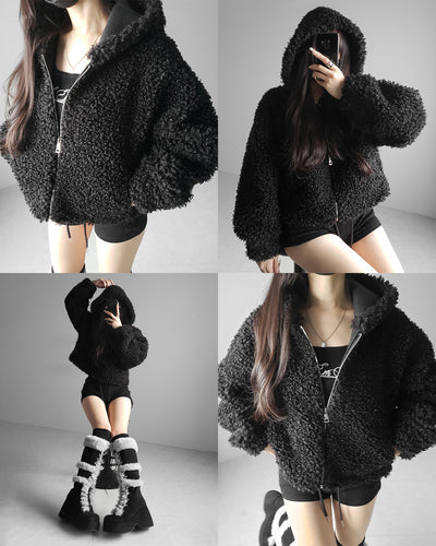 テディボアジップアップフーディクロップドコート ／ teddy boa zipup hoodie cropped cat