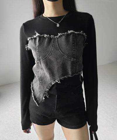 【 ２color 】ダメージデニムビスチェドッキングＴシャツ ／ damage denim bustier docking Tee