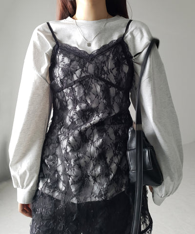 【 ２color 】チュールドッキングレースチュニックキャミソール ／ tulle docking lace tunic camisole
