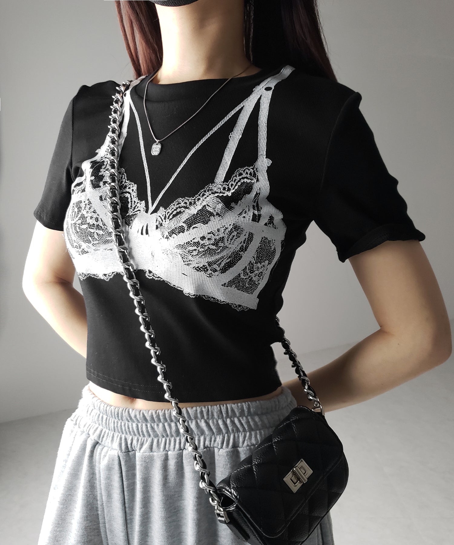 【 ３color 】レースランジェリー半袖クロップドＴ ／ lace lingerie short sleeve cropped T