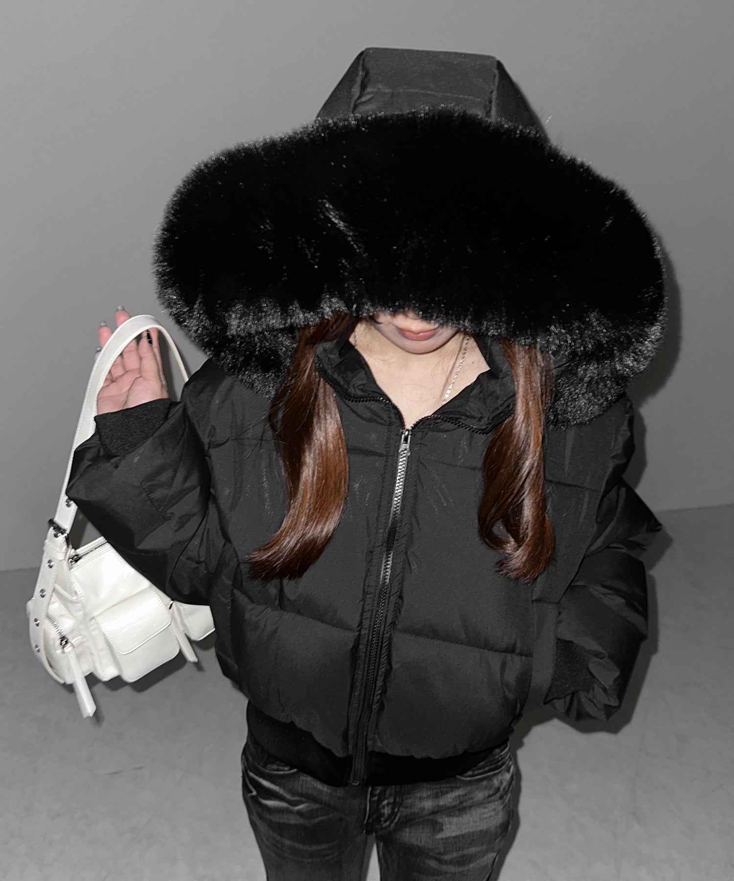 【 フード取り外し可能２ＷＡＹ 】フェイクファーフードショートダウンジャケット ／ 2WAY fake fur hoodie short down jacket