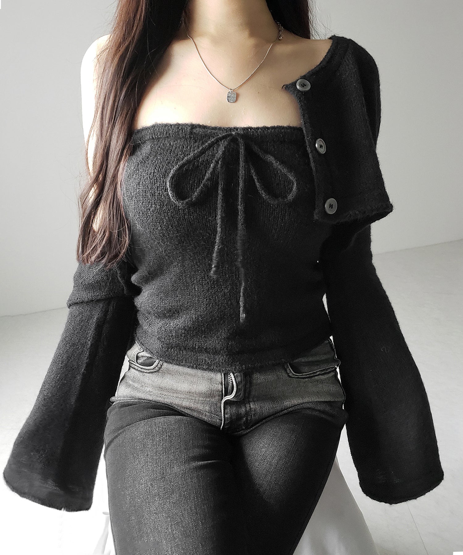 【 ２点セット 】フロントリボンニットベアトップ ＋ 長袖ショートカーディガン SET ／ front ribbon knit bare top + long sleeve short cardigan set