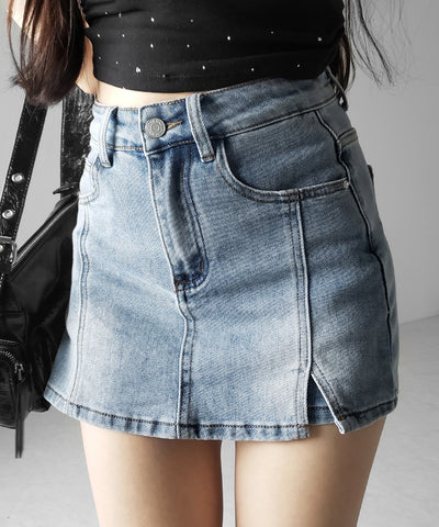 ミニスリットストレッチレイヤードデニムミニスカパン ／ mini slit stretch layered denim mini skirt pants