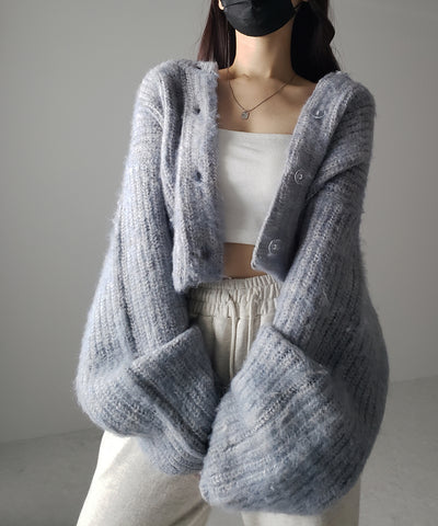 ボリュームワイドスリーブショートシャギーニットカーディガン ／ volume wide sleeve short shaggy knit cardigan