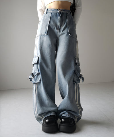 【 ２color ／ ４size 】サイドラインストレートカーゴデニムパンツ ／ sideline straight cargo denim pants