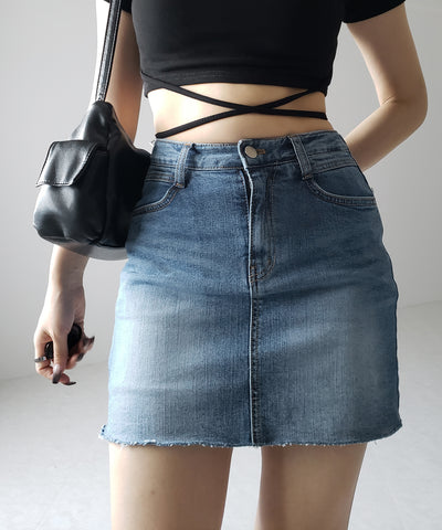 【 ３size 】ウォッシュデニムストレッチダメージミニスカパン ／ wash denim stretch damaged mini skirt
