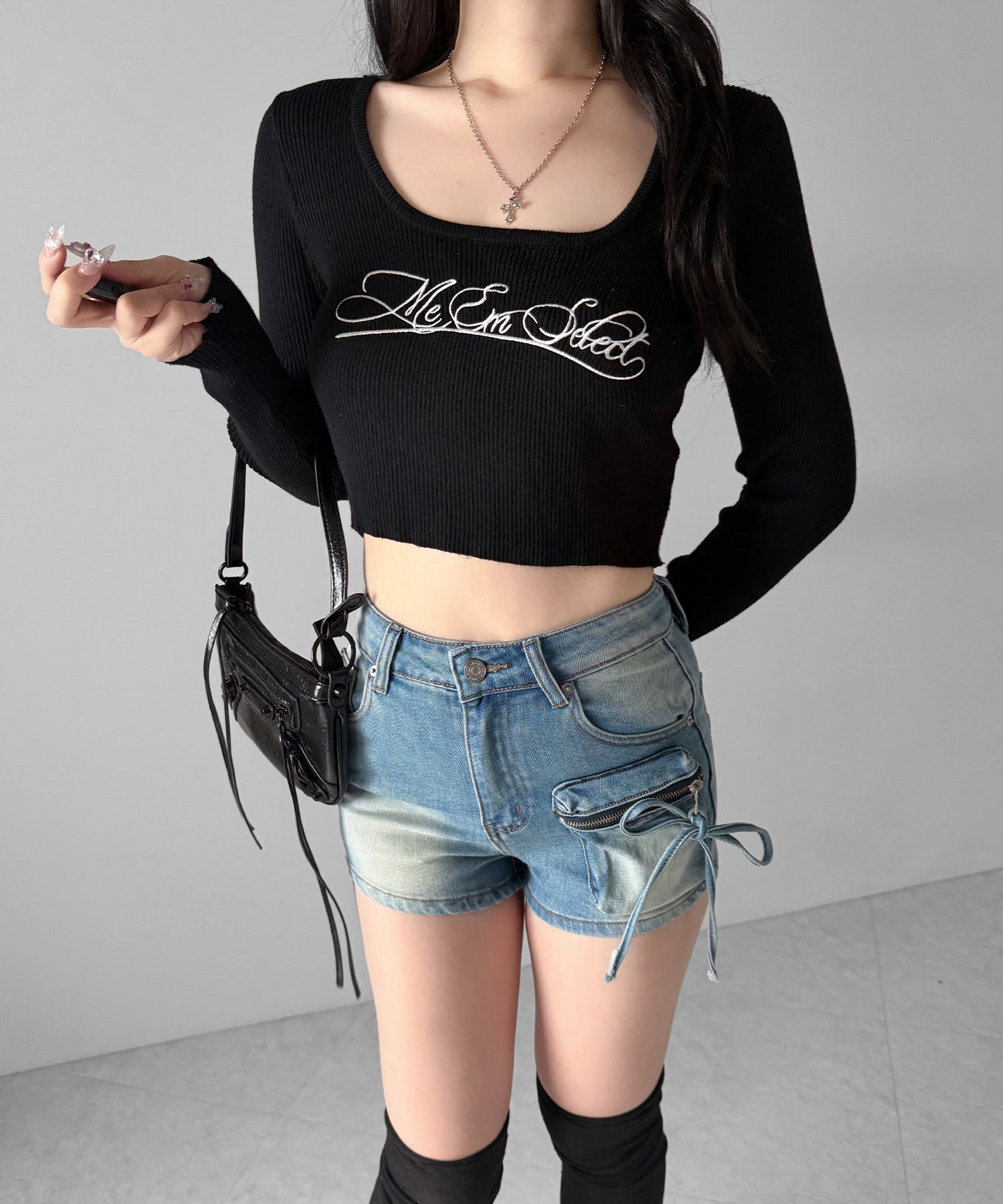リボンストリングカーゴポケットデニムショートパンツ／ribbon string cargo pocket denim short pants