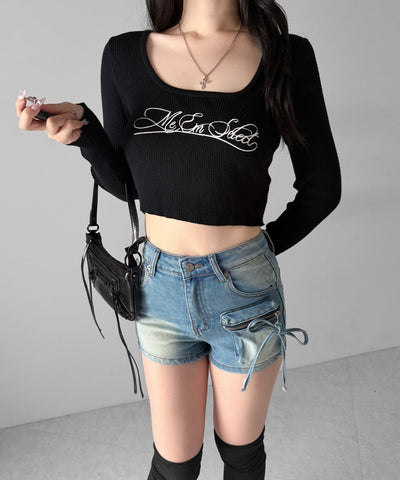 リボンストリングカーゴポケットデニムショートパンツ／ribbon string cargo pocket denim short pants