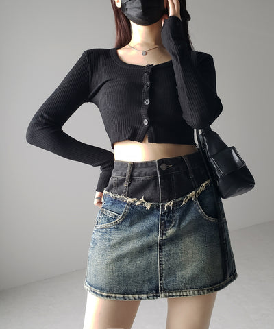 【 ３size ／ ２color 】ダメージドッキングヴィンテージデニムミニスカート ／damage docking vintage denim mini skirt