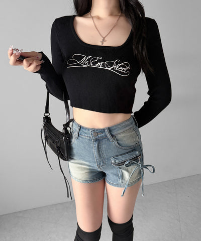 リボンストリングカーゴポケットデニムショートパンツ／ribbon string cargo pocket denim short pants