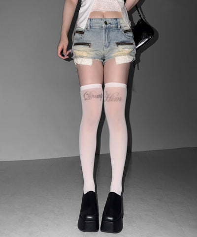 レースポケットダメージデニムマイクロショートパンツ／ lace pocket damage denim micro short pants