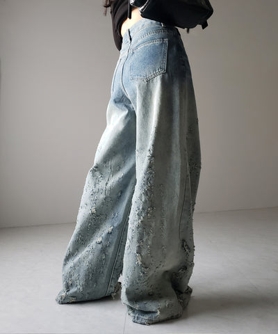 【 ２color ／ ４size 】グラデーションクラッシュダメージワイドデニムパンツ ／ gradation crash damage wide denim pants