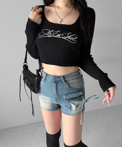 リボンストリングカーゴポケットデニムショートパンツ／ribbon string cargo pocket denim short pants
