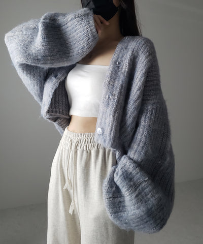 ボリュームワイドスリーブショートシャギーニットカーディガン ／ volume wide sleeve short shaggy knit cardigan